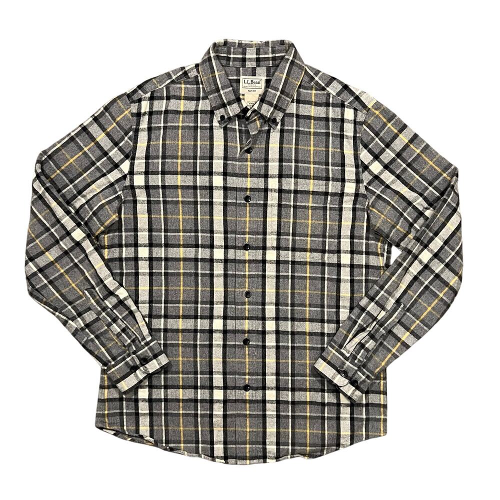 L.L. Bean Slim Fit Gray Black Yellow Plaid Flannel Button Shirt Mens Medium